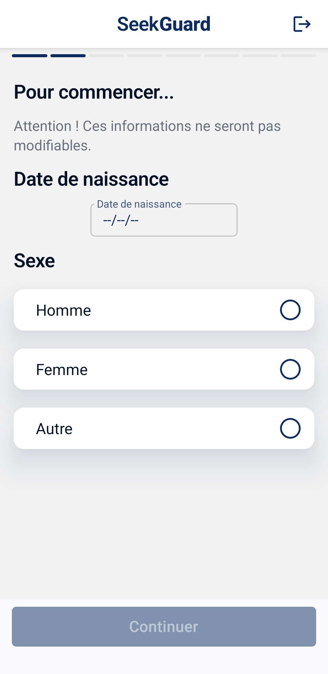 Écran de saisie du sexe et de la date de naissance
