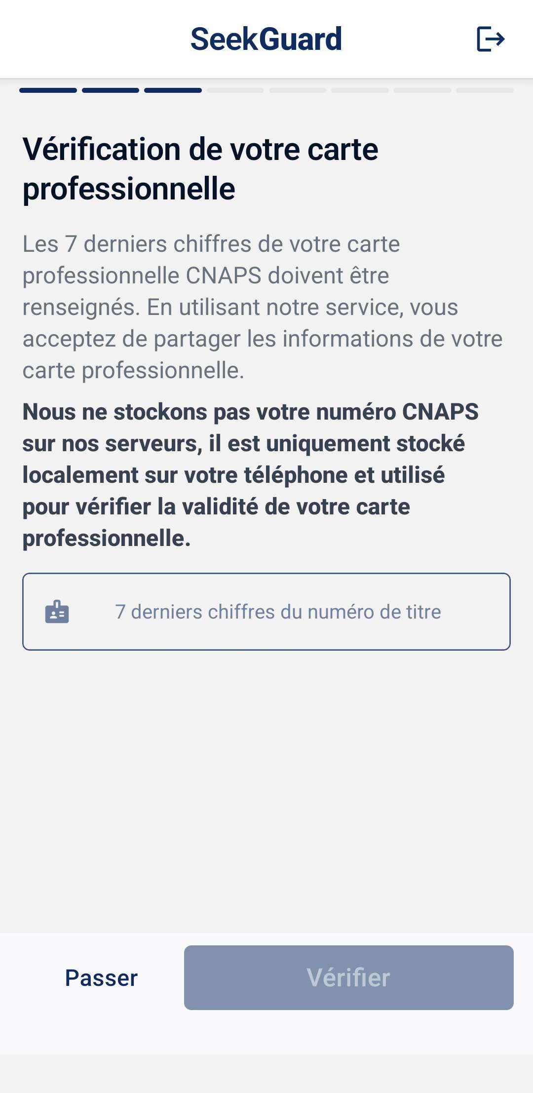 Écran de saisie des 7 derniers chiffres de la carte professionnelle