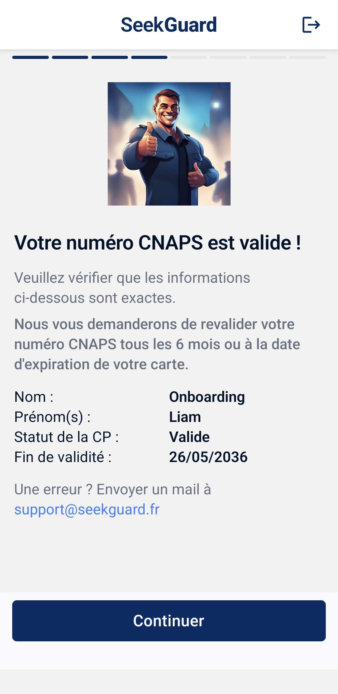 Écran de validation de la carte professionnelle