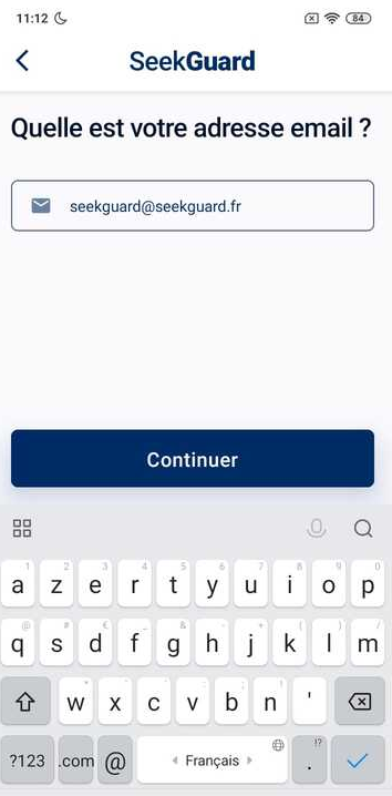 Capture d'écran : Écran de saisie de l'adresse e-mail sur l'application SeekGuard