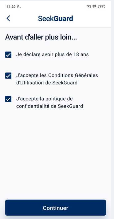 [Capture d'écran : Écran d'acceptation des conditions générales d'utilisation et de la politique de confidentialité sur l'application SeekGuard