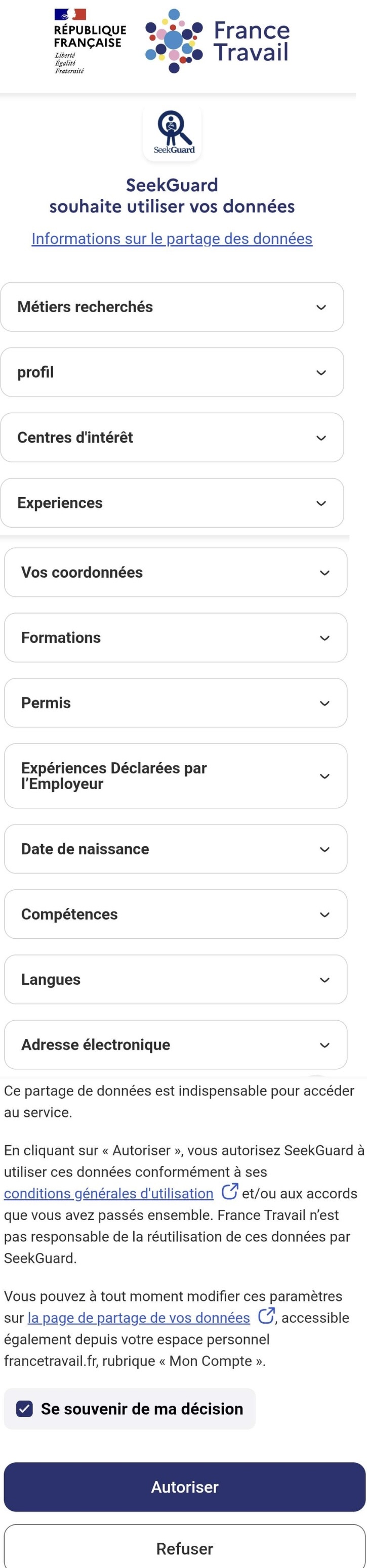 Capture d'écran : Écran de saisie des autorisations pour la conne  xion via France Travail