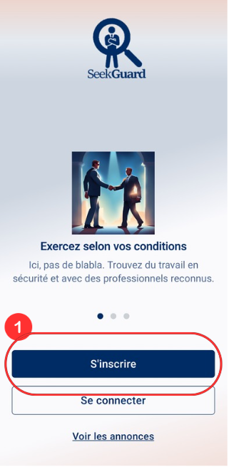 [Capture d'écran : Écran d'accueil de l'application SeekGuard avec le bouton S'inscrire mis en évidence