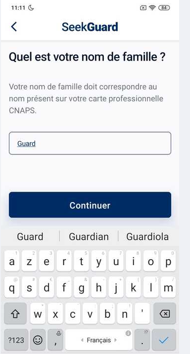 Capture d'écran : Saisie du prénom et du nom identiques à la carte professionnelle CNAPS