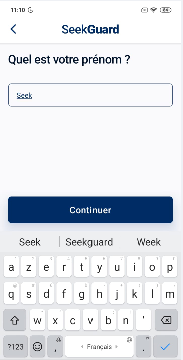 Capture d'écran : Écran de saisie du prénom et du nom sur l'application SeekGuard
