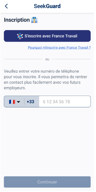 Capture d'écran : Écran de saisie du numéro de téléphone pour l'inscription sur l'application SeekGuard