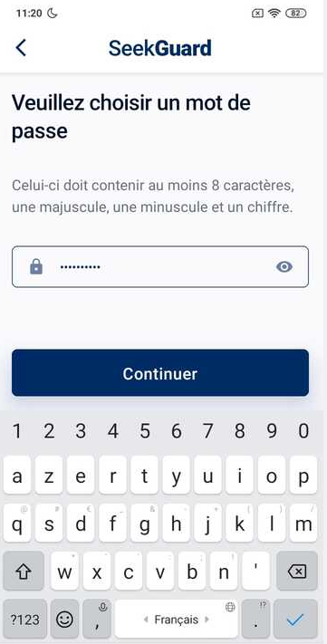 Capture d'écran : Écran de saisie du mot de passe sur l'application SeekGuard