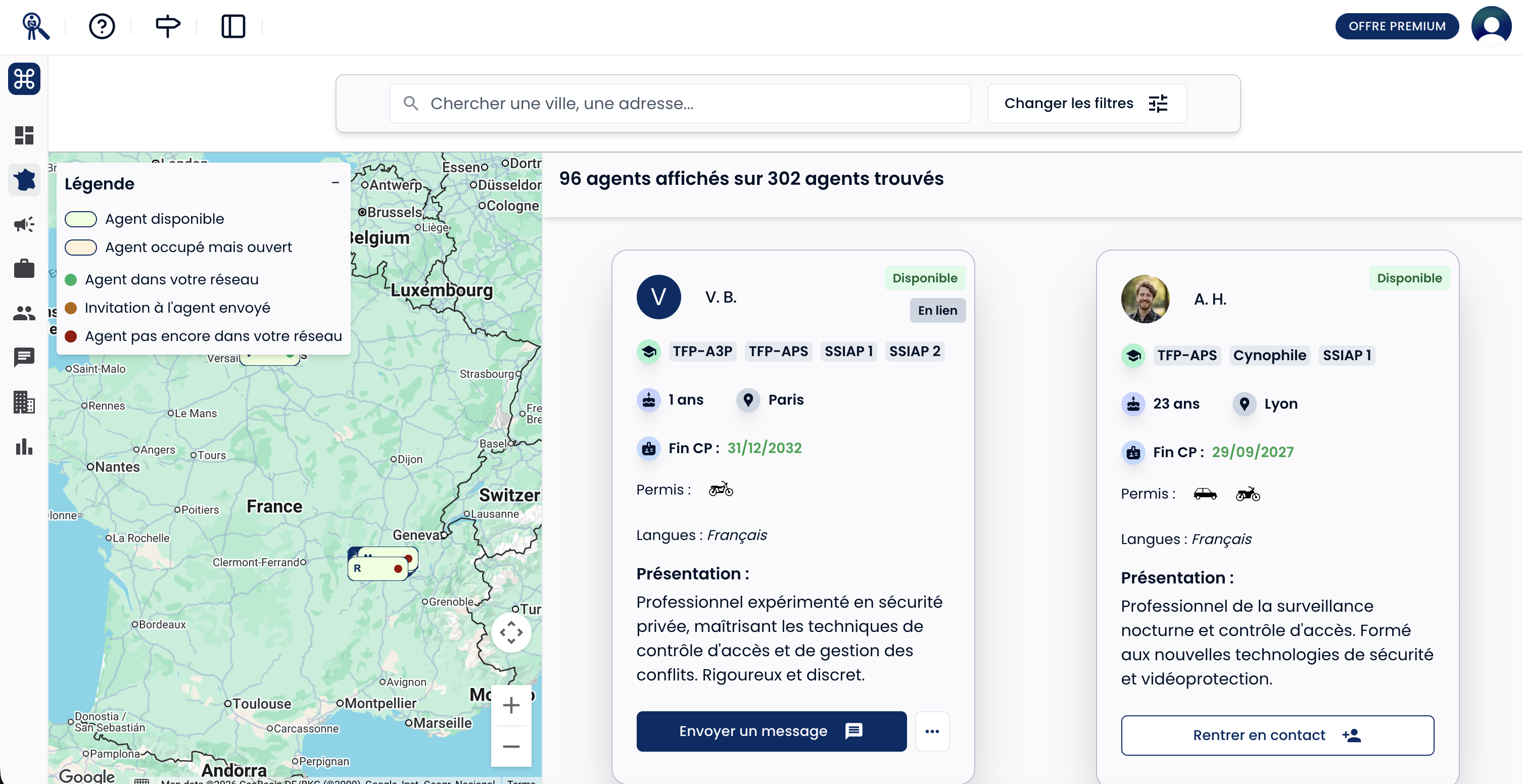 Vue carte des agents. Vue carte des agents.