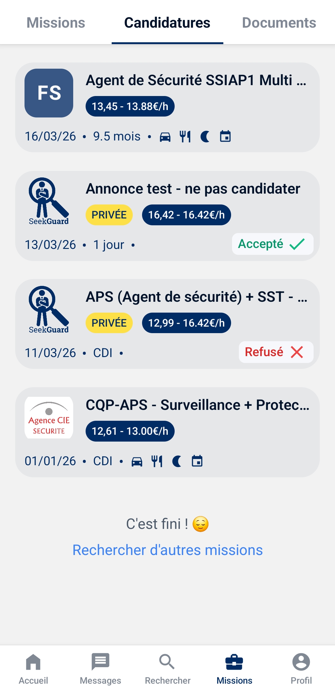 Capture d'écran : Onglet 'Candidatures' dans les missions de l'application SeekGuard