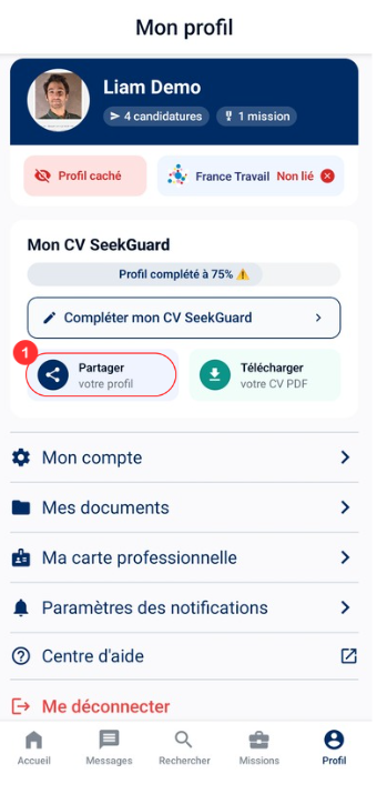 Écran de profil avec le bouton 'Partager mon profil' mis en évidence