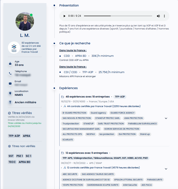 Exemple de CV partagé sur SeekGuard