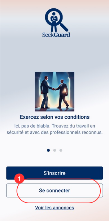Écran de bienvenue de l'application SeekGuard avec le bouton Se connecter