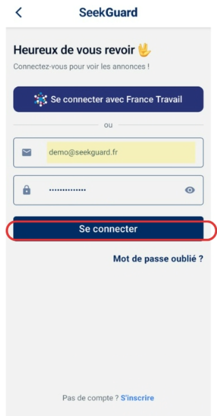 Écran de connexion avec le bouton France Travail mis en évidence