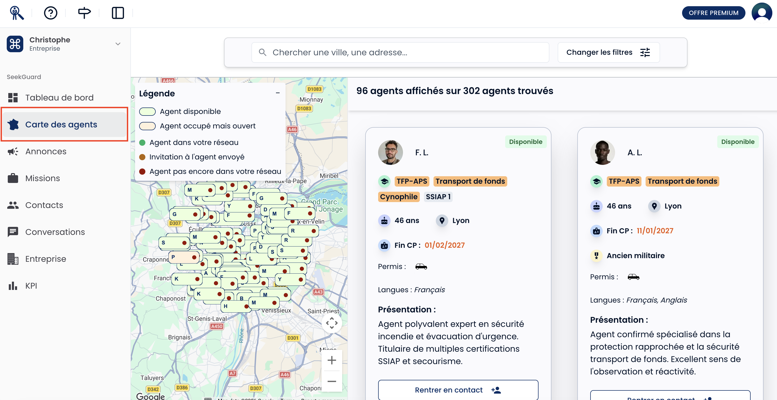 Vue de la page CVthèque montrant  l'onglet Carte des agents bien mis en évidence.