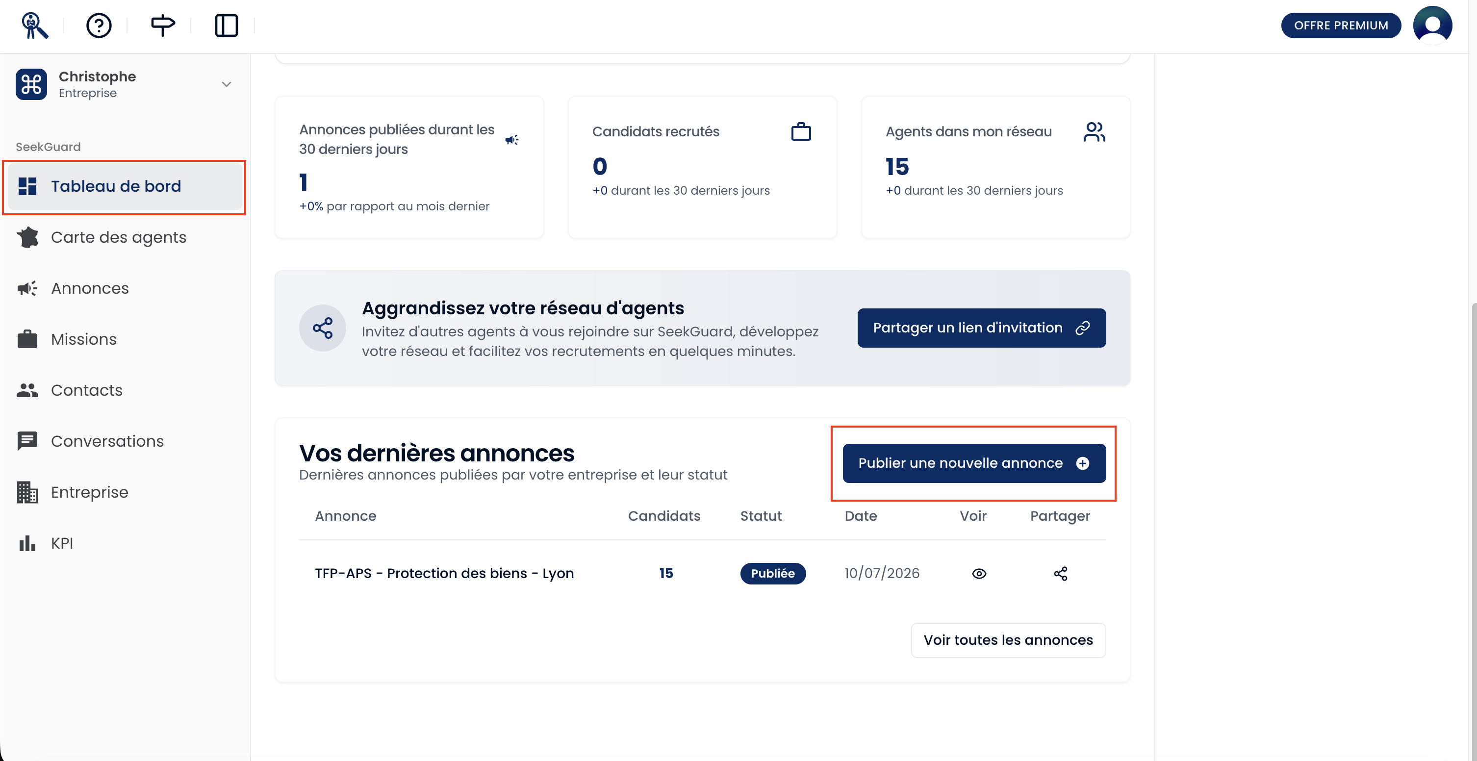 Écran de la page "Annonces" montrant le bouton "Créer une annonce" mis en évidence.