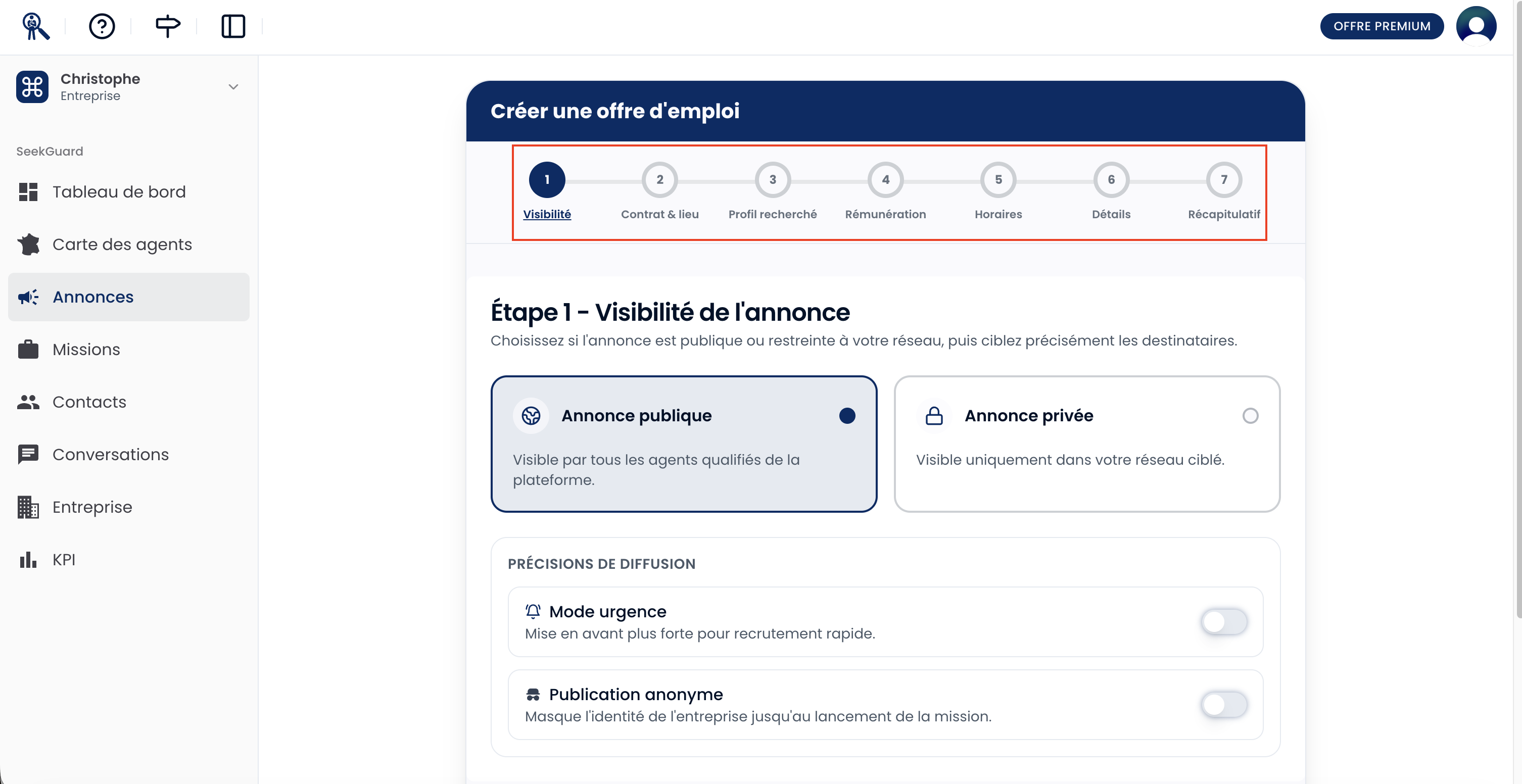 Formulaire de création (Étape Mission) avec les champs Type de contrat, Dates, Lieu et Diplôme requis visibles
