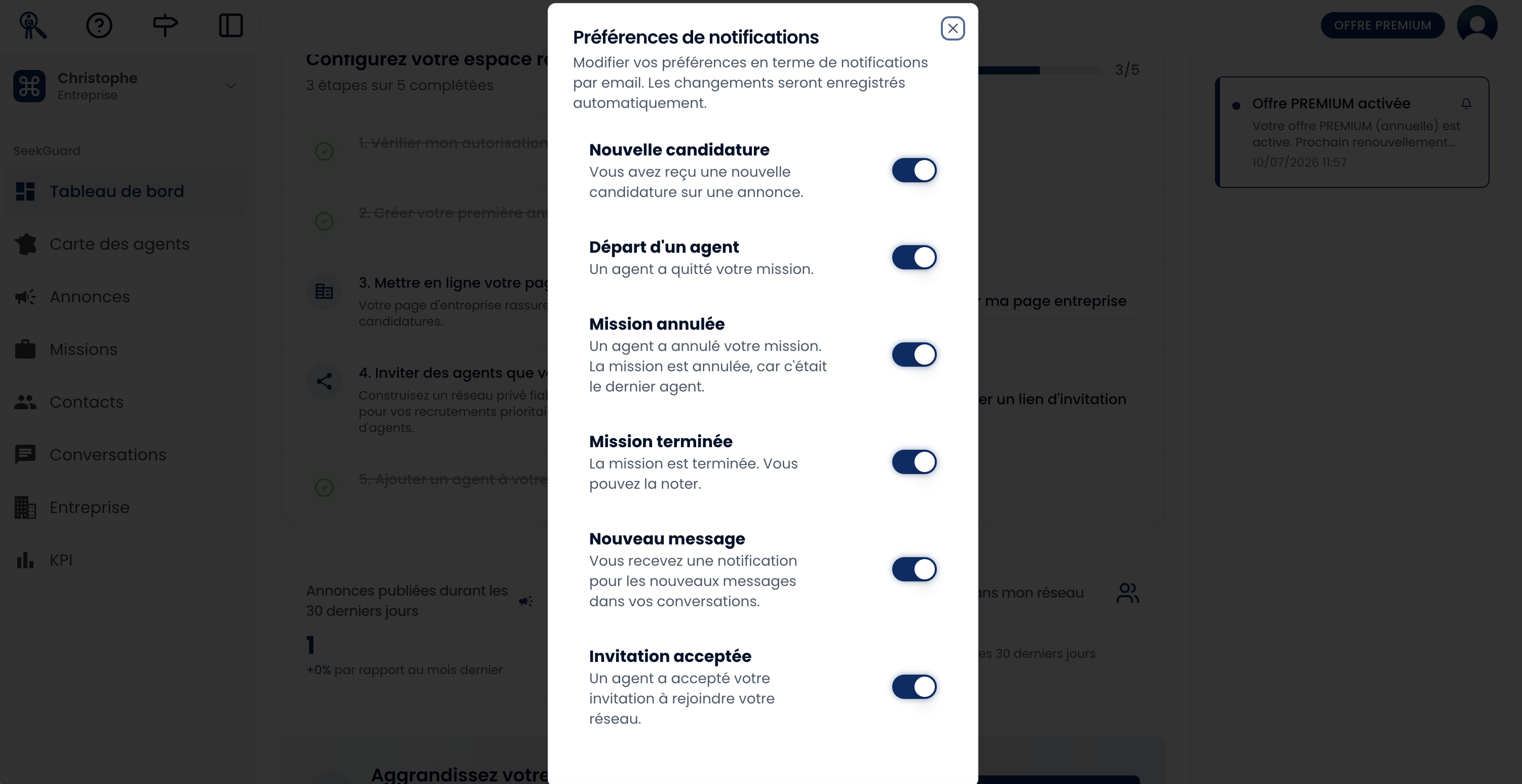Fenêtre Préférences de notifications montrant la liste détaillée des alertes (Nouvelle candidature, Départ d'un agent, etc.) avec les interrupteurs d'activation visibles.