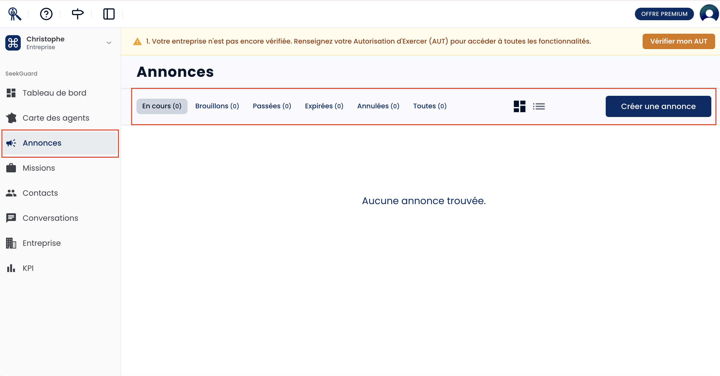 Page Annonces montrant les différents onglets En cours, Brouillons, Passées, poster.