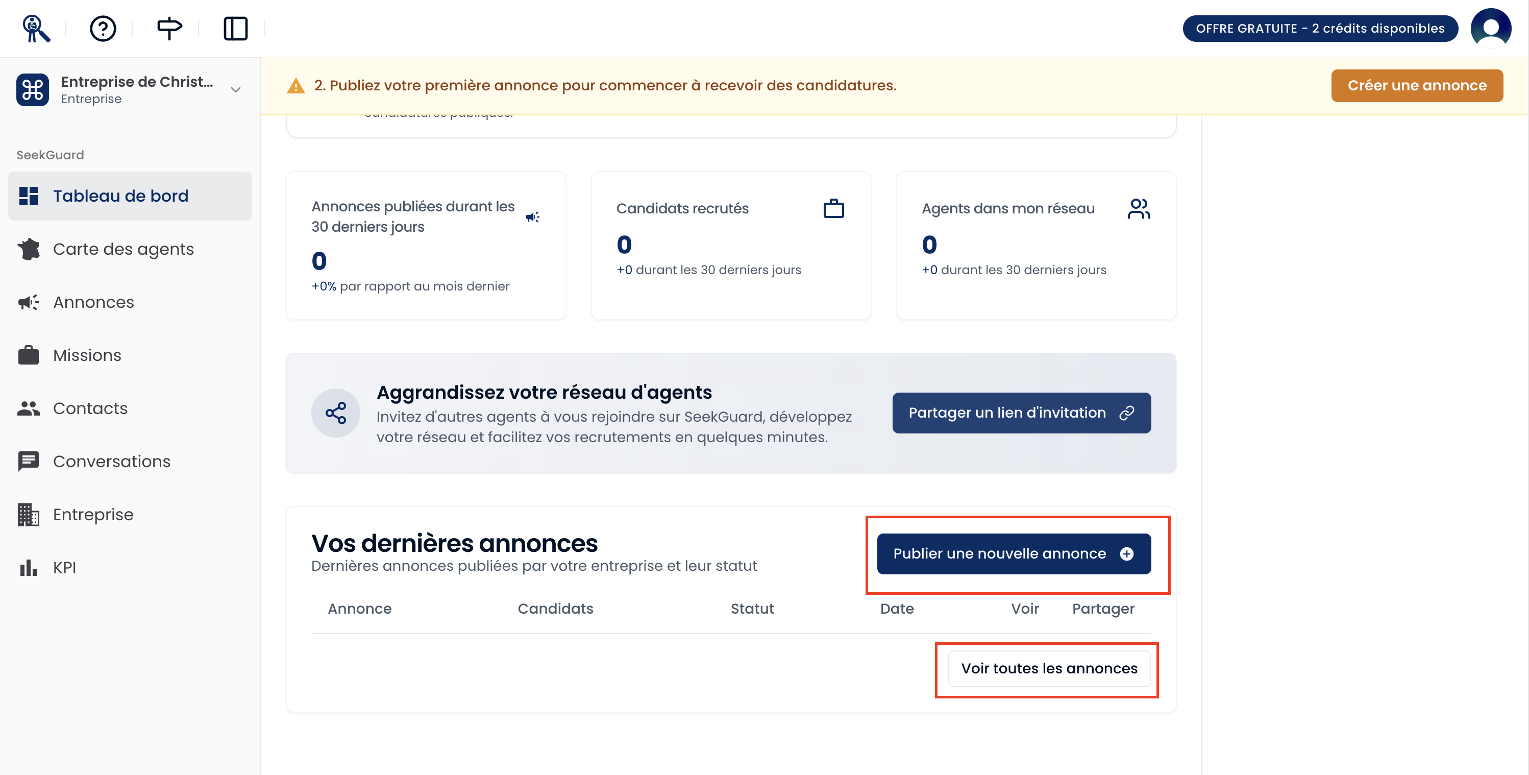 Zone du tableau de bord encadrant les trois boutons d’action rapide Nouvelle annonce, Voir les campagnes et Voir les missions.