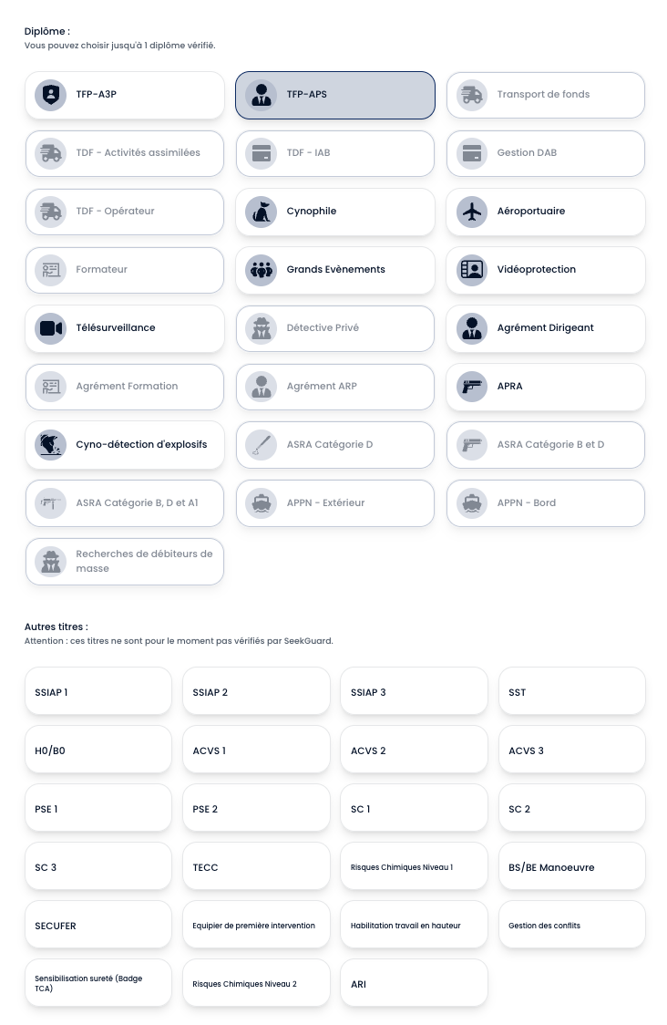 Ecran de création d'une offre d'emploi, montrant le menu déroulant ou les cases à cocher permettant de sélectionner le type de mission et le diplôme requis (APS, APR, SSIAP, etc.