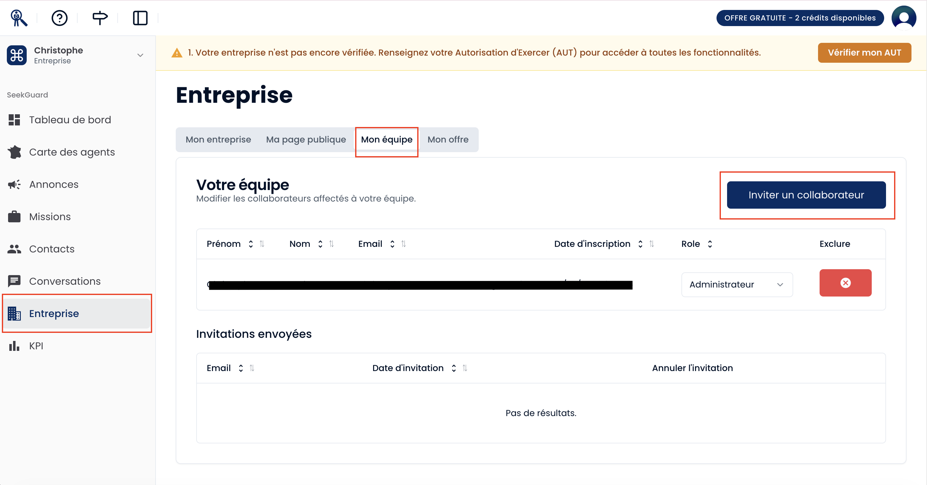 Écran de la page Entreprise avec l’onglet Équipe sélectionné en haut, montrant le tableau des membres actuels de l’organisation et le bouton Inviter un membre.