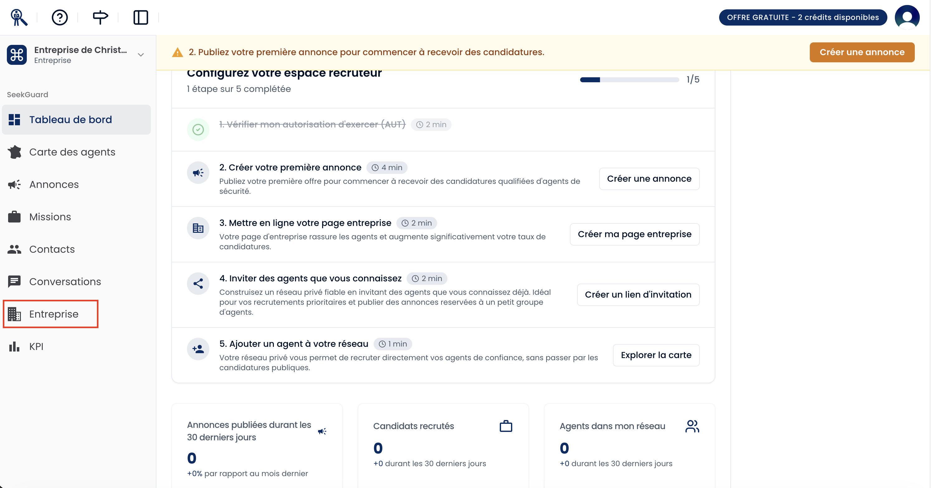 Écran du portail recruteur mettant en évidence le menu latéral gauche avec l'onglet Entreprise sélectionné.