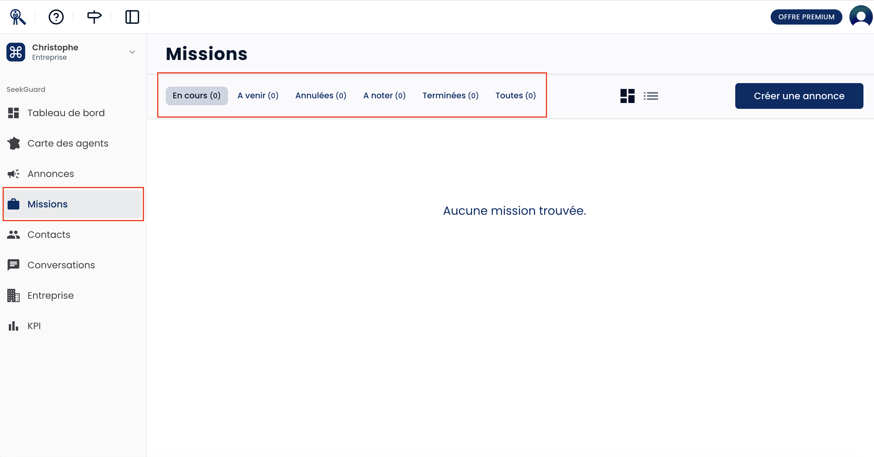 Ecran de la page "Missions" avec en évidence les différents filtres de statut en haut de l'écran.