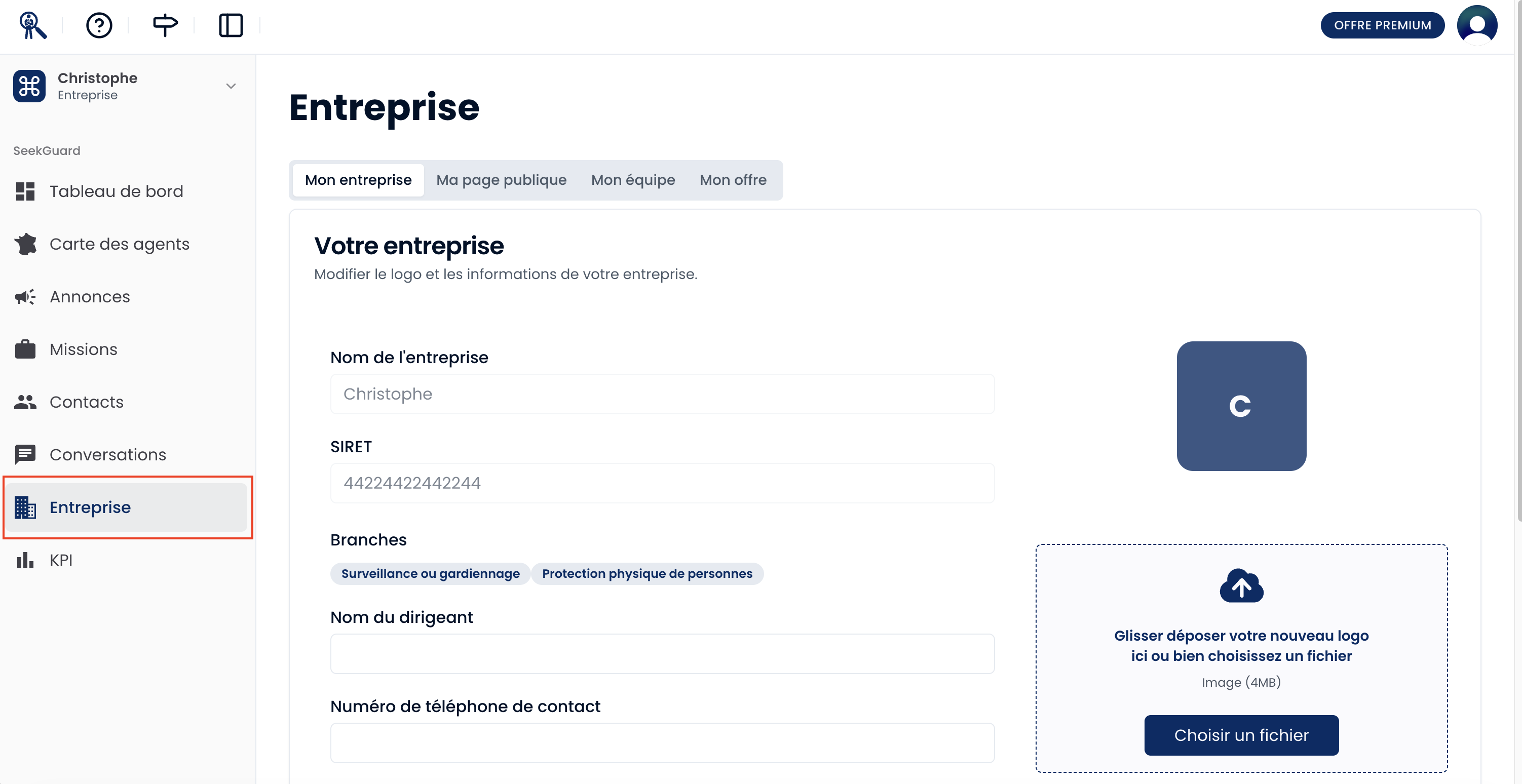 Ecran du portail recruteur mettant en évidence le menu latéral gauche avec l'onglet Entreprise sélectionné. Ecran du portail recruteur mettant en évidence le menu latéral gauche avec l'onglet Entreprise sélectionné.