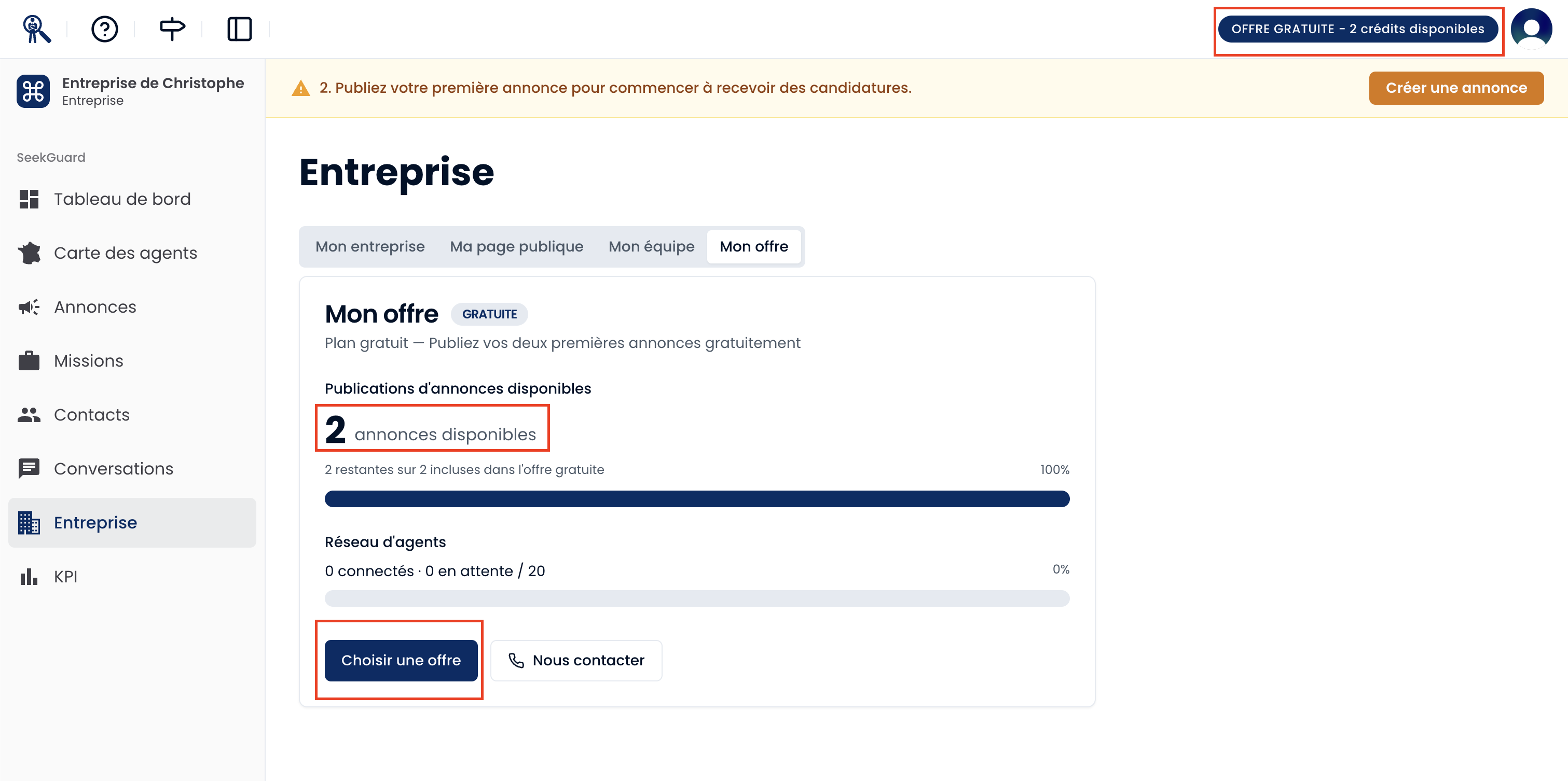 Onglet Plan mettant en évidence la formule actuelle, les fonctionnalités incluses, le compteur de crédits et le bouton Changer de plan.