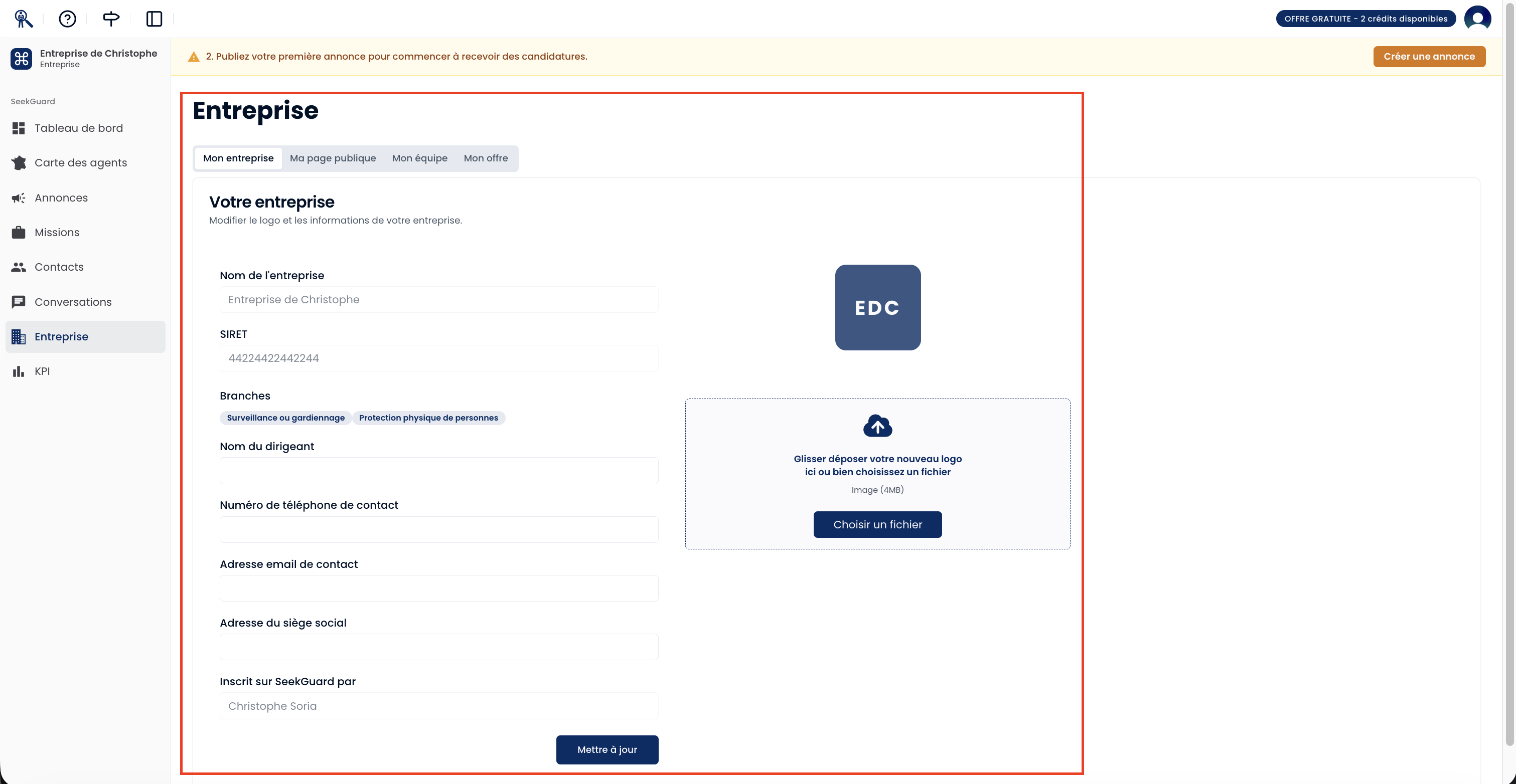Vue de la page Entreprise avec l’onglet Informations actif, montrant les champs éditables et la zone d_importation du logo.