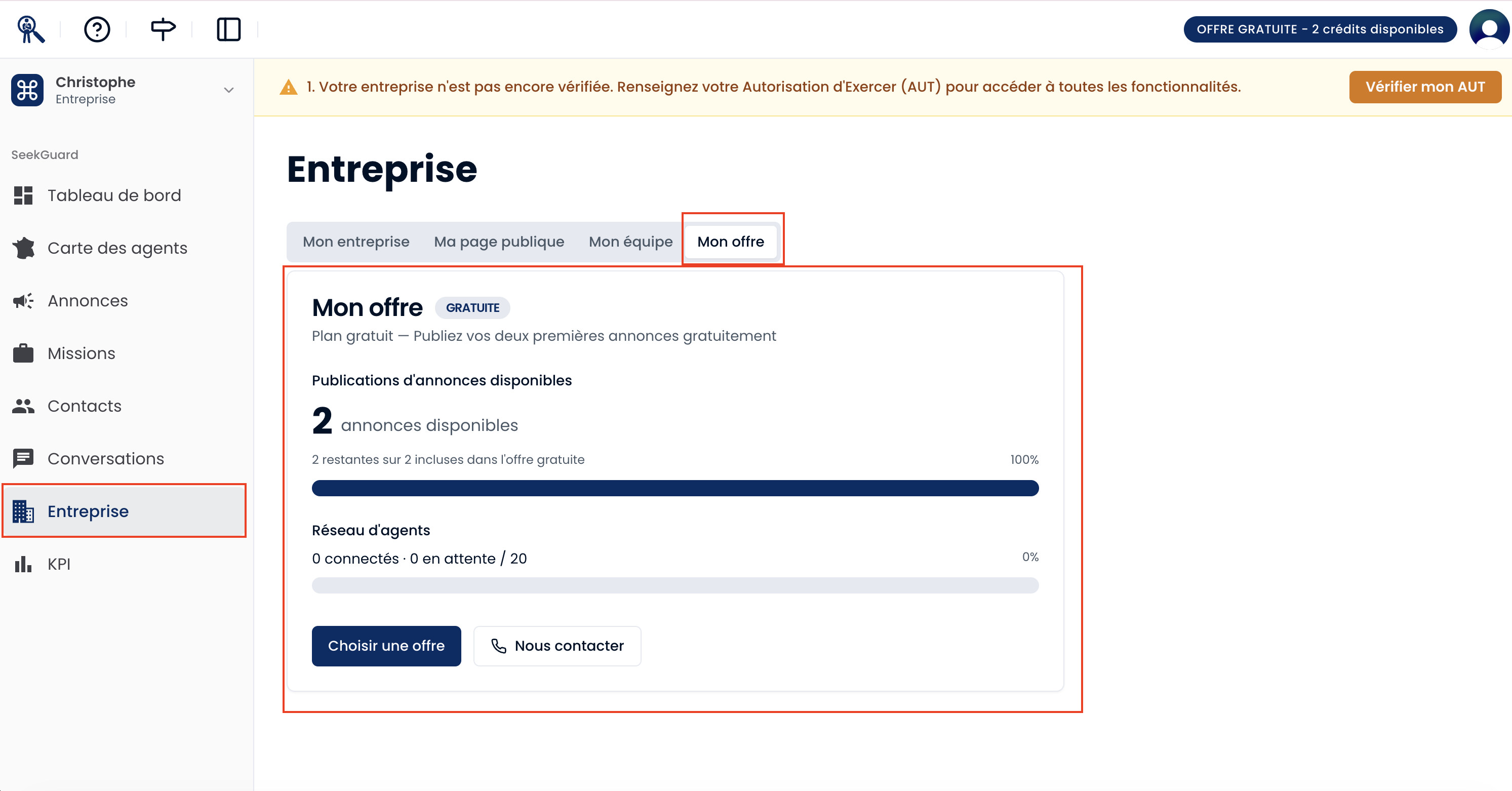 Ecran de l'onglet Plan avec la formule actuelle bien visible, la liste des droits inclus et le compteur circulaire ou numérique des crédits restants.