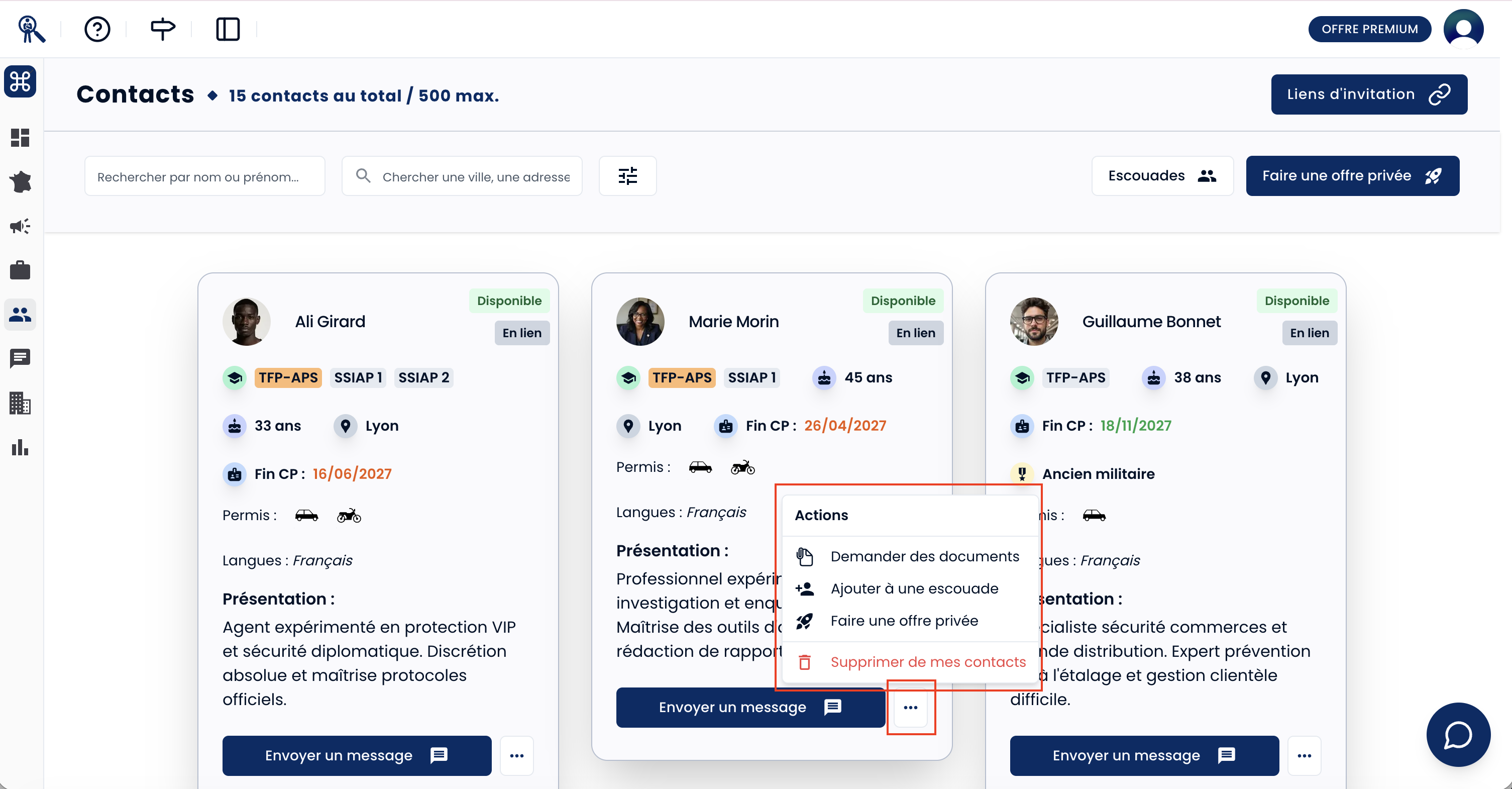 Vue détaillée d'un profil agent depuis le répertoire, mettant en évidence les boutons d'interaction (Envoyer un message, Voir le CV, Supprimer le contact). Vue détaillée d'un profil agent depuis le répertoire, mettant en évidence les boutons d'interaction (Envoyer un message, Voir le CV, Supprimer le contact).