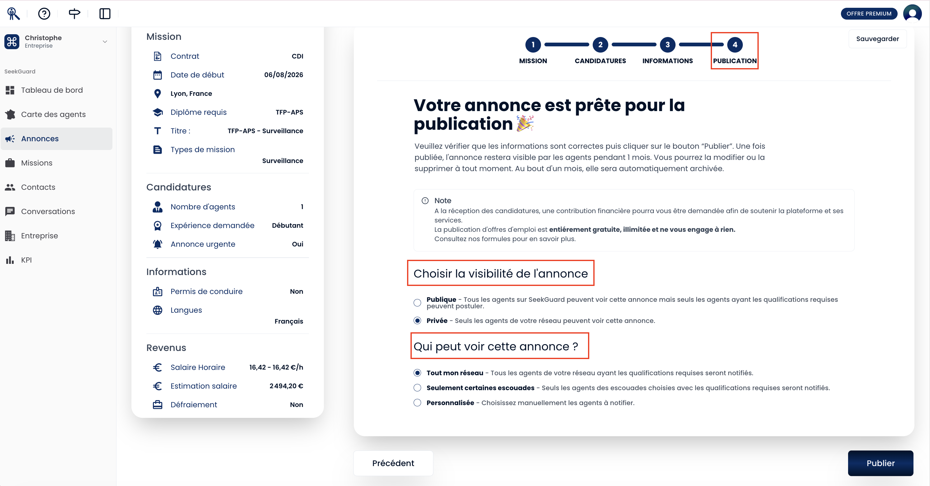 Ecran de création d'une annonce montrant la section des critères de filtres de visibilité avec les options Tout mon réseau, par escouade et par agent mises en évidence.