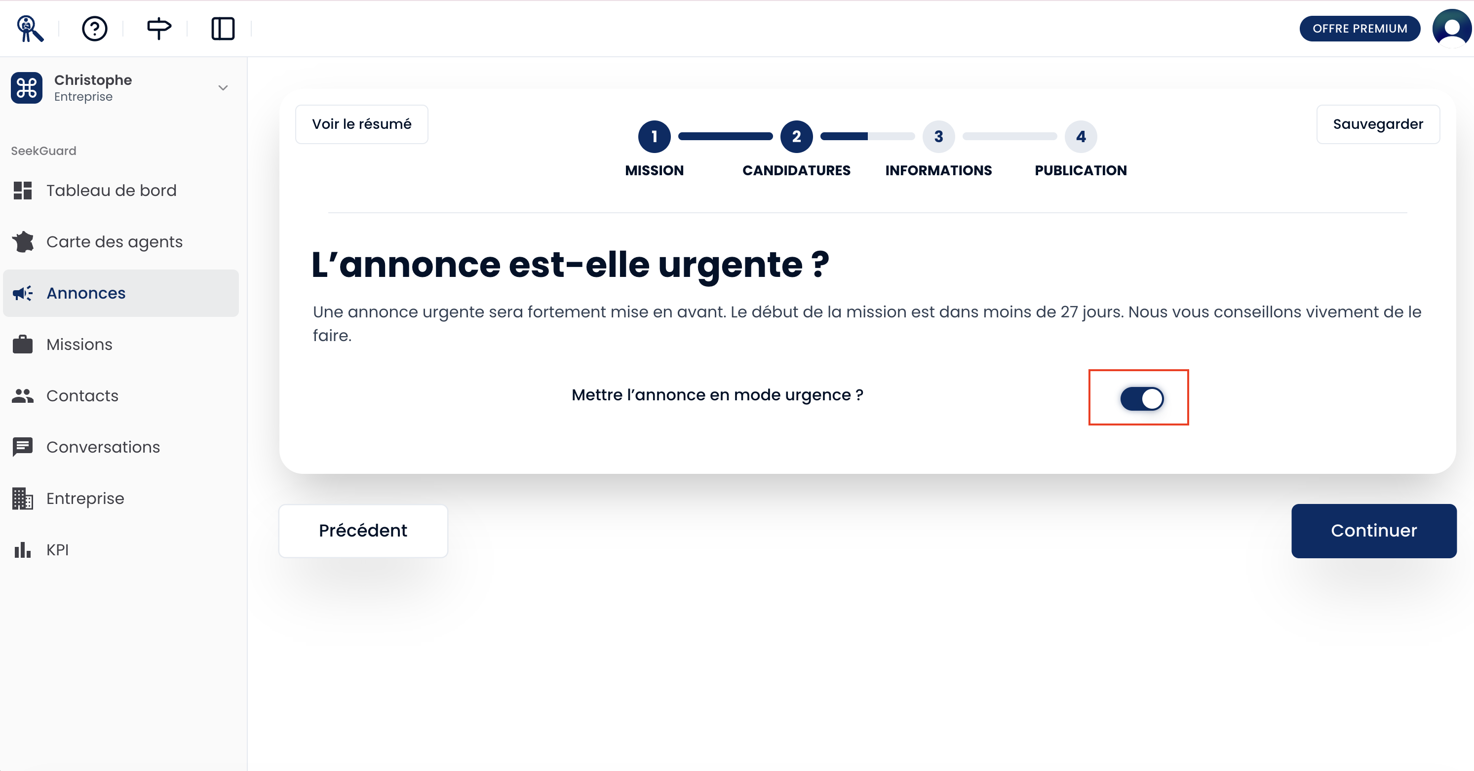 Etape finale de création d'annonce avec l'option Mettre l'annonce en mode urgence cochée.
