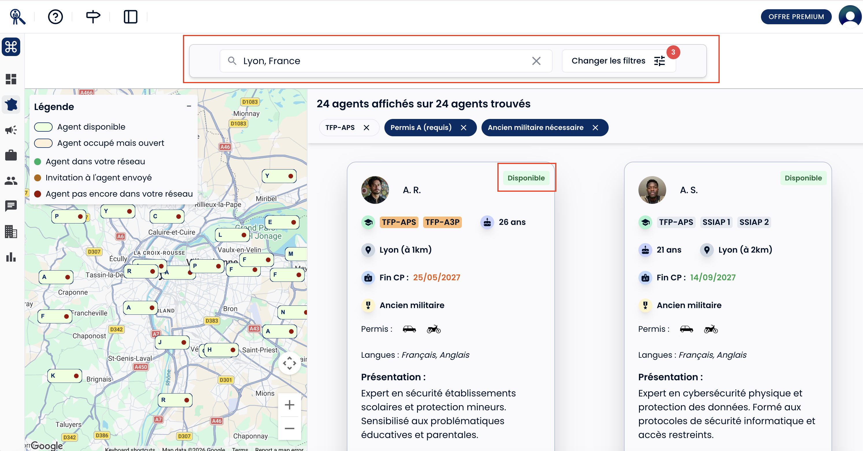 La carte interactive avec des filtres et affichant la disponibilité des agents.
