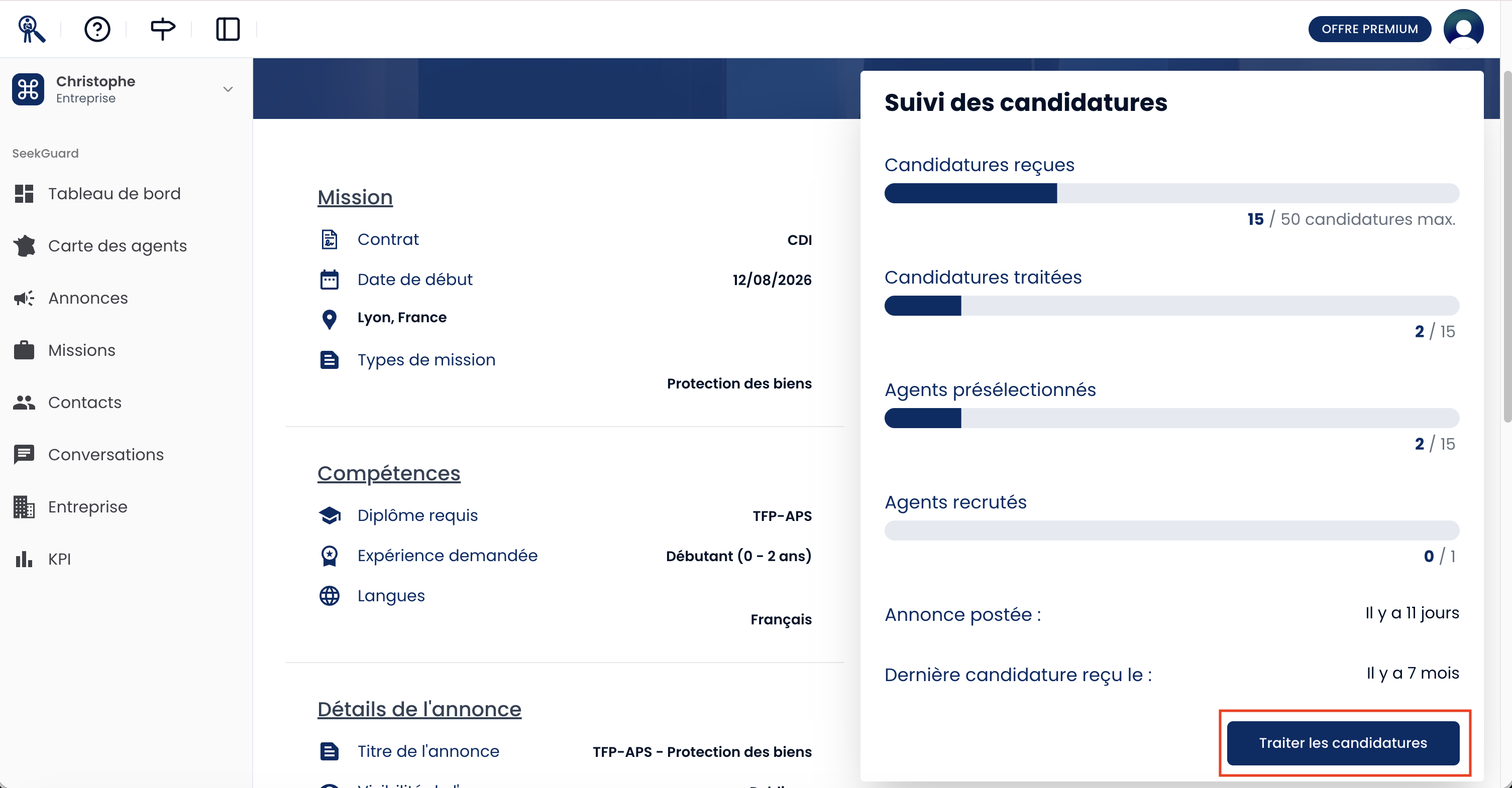 Vue de la page "Annonces" mettant en évidence la carte d'une mission en cours, le compteur de candidatures reçues et le bouton "Traiter les candidatures" Vue de la page "Annonces" mettant en évidence la carte d'une mission en cours, le compteur de candidatures reçues et le bouton "Traiter les candidatures"